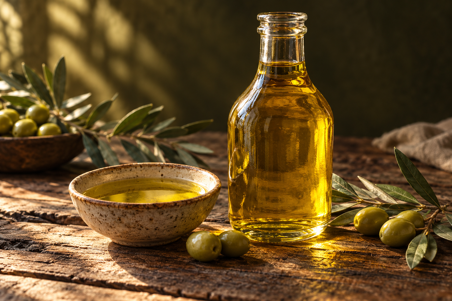 Cam şişede altın renkli zeytinyağı, yanında zeytinler ve zeytin dalı